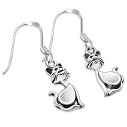 Cat Silver Earrings w Drop Shaped Mother of Pearl, e318